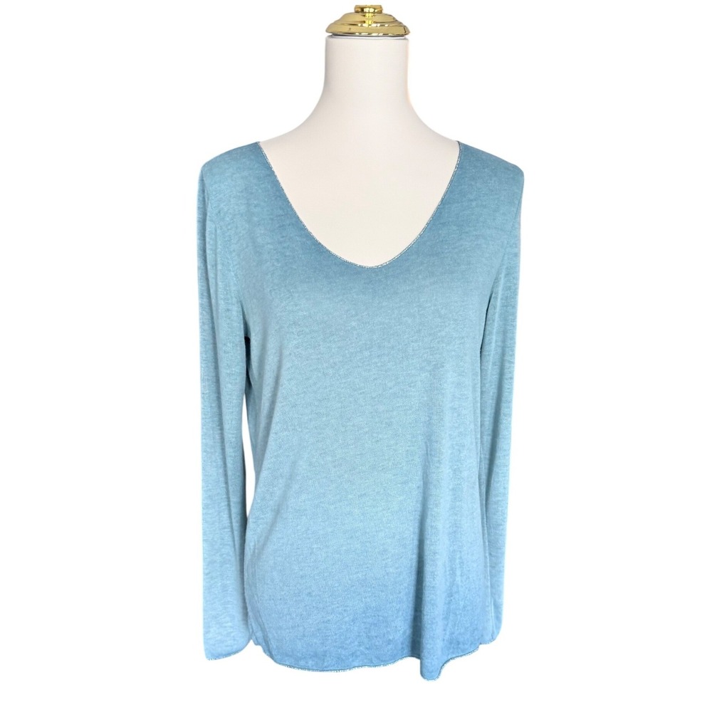 Italian Made Fine Knit Sweater Blue V Neck Lightweight Long Sleeve Womens